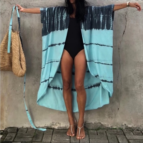 NEW! Boho Tie Dye Swim Coverup Kimono Duster Robe - Picture 2 of 5